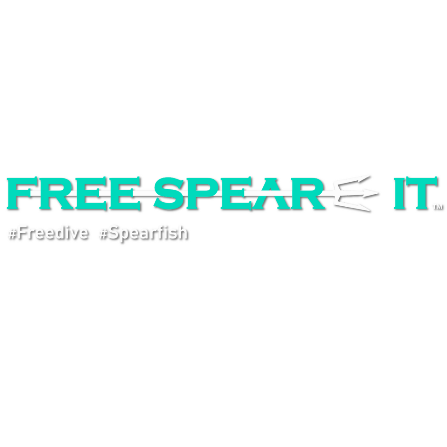 Free Spear-It logo in aqua and white with a trident spear through the words Free Spear-It and underneath the hashtags #Freedive and #Spearfish.