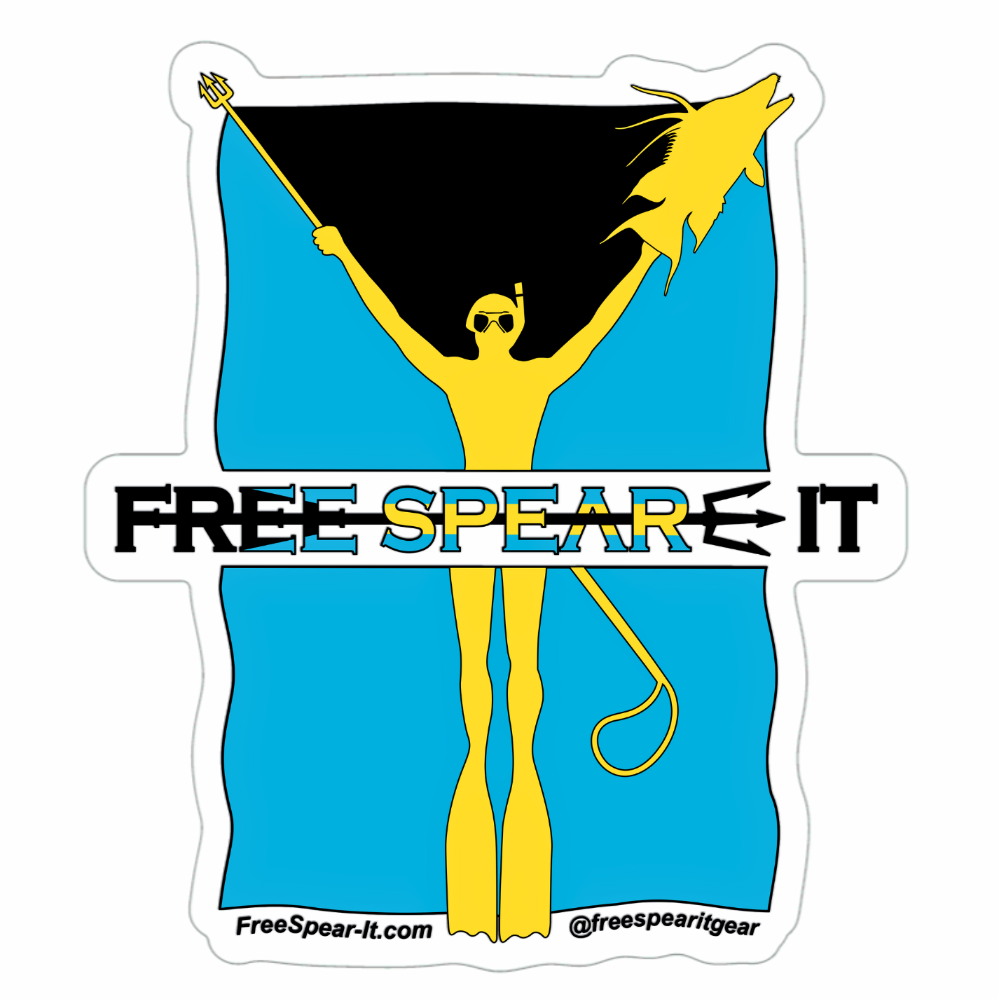 Free Spear-It Bahamas Bounty 4-Inch sticker featuring a bold yellow freediver holding a polespear and a hogfish, set against the iconic black, blue, and yellow Bahamian flag colors. The website FreeSpear-It.com and social media handle @freespearitgear are printed on the bottom border of the sticker.