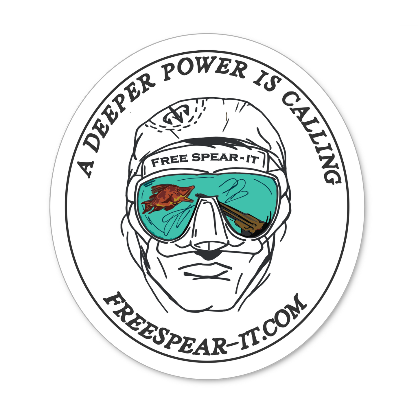 Free Spear-It Deep Reflections 3.5-inch oval sticker featuring a freediver's face with mirrored mask reflecting a speargun and a hogfish, along with the phrase "A Deeper Power Is Calling" and FreeSpear-It.com