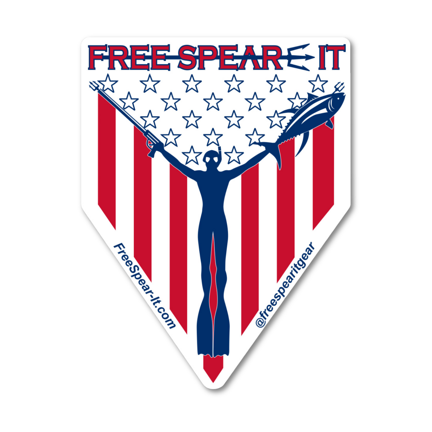 Free Spear-It "Spear-It of Freedom" 4-inch sticker featuring a bold red, white, and blue design with a freediver holding a speargun and fish against an American flag backdrop. The website FreeSpear-It.com and social media handle @freespearitgear are printed along the bottom border of the sticker.