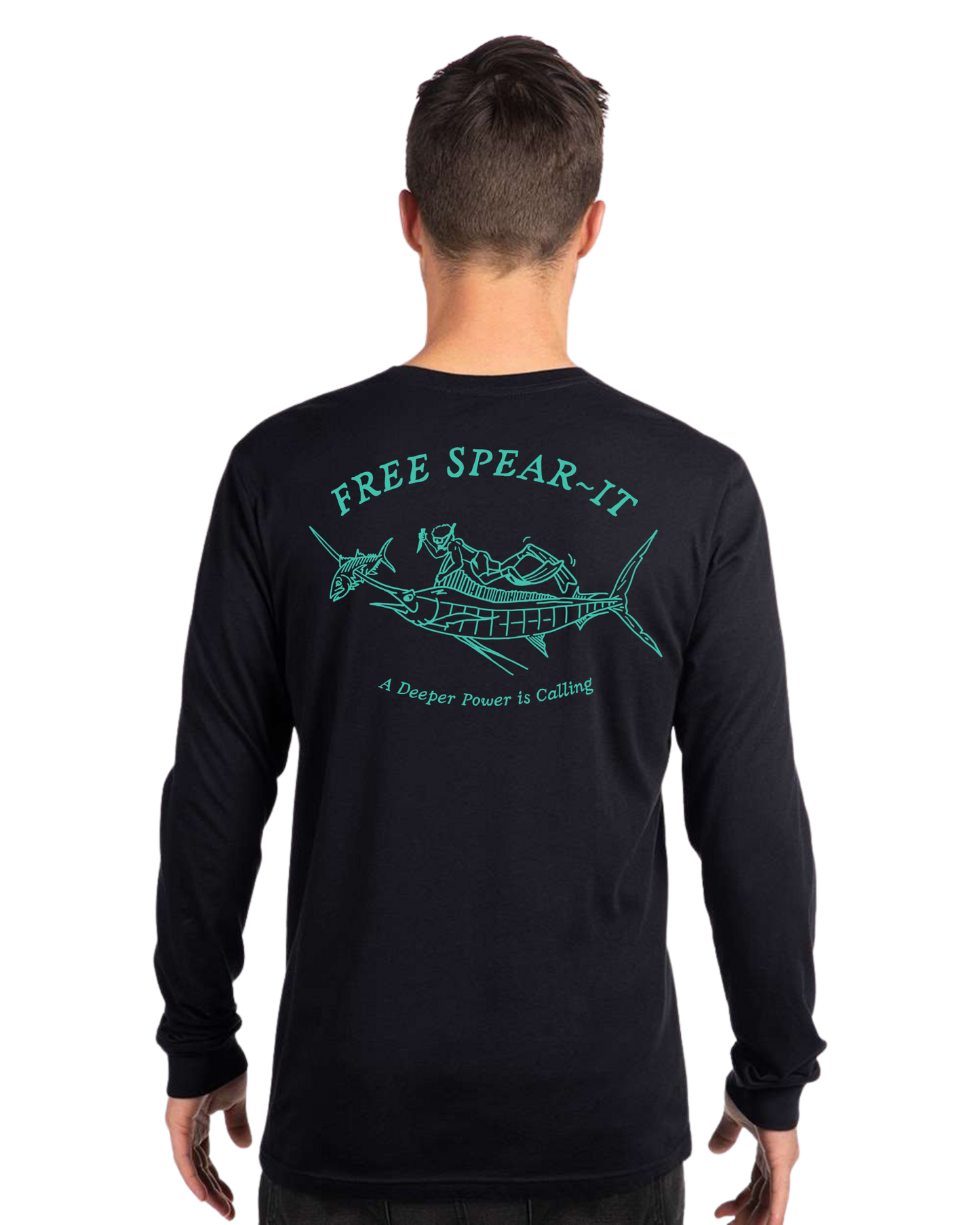 Back view of a male model wearing the Free Spear-It Marlin Mayhem Long Sleeve T-Shirt in black, featuring a detailed graphic in aqua of a freediver swimming with a marlin that has speared a fish on its bill. The design includes the words Free Spear-It and the slogan "A Deeper Power is Calling."