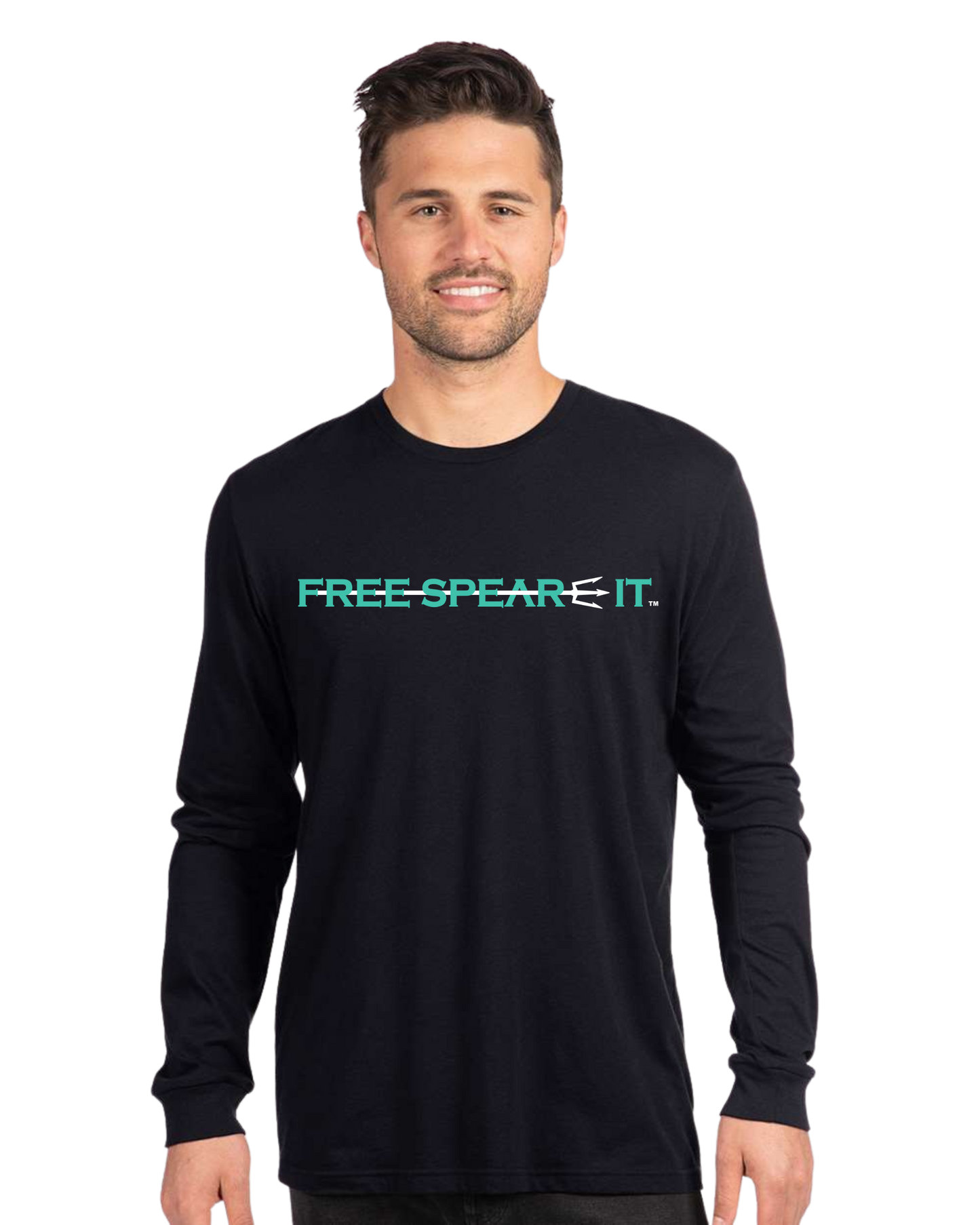 Front view of a male model wearing the Free Spear-It Marlin Mayhem Long Sleeve T-Shirt in black, showcasing the bold Free Spear-It logo on the chest. The logo is in aqua and white, with a trident spear through the words Free Spear-It.