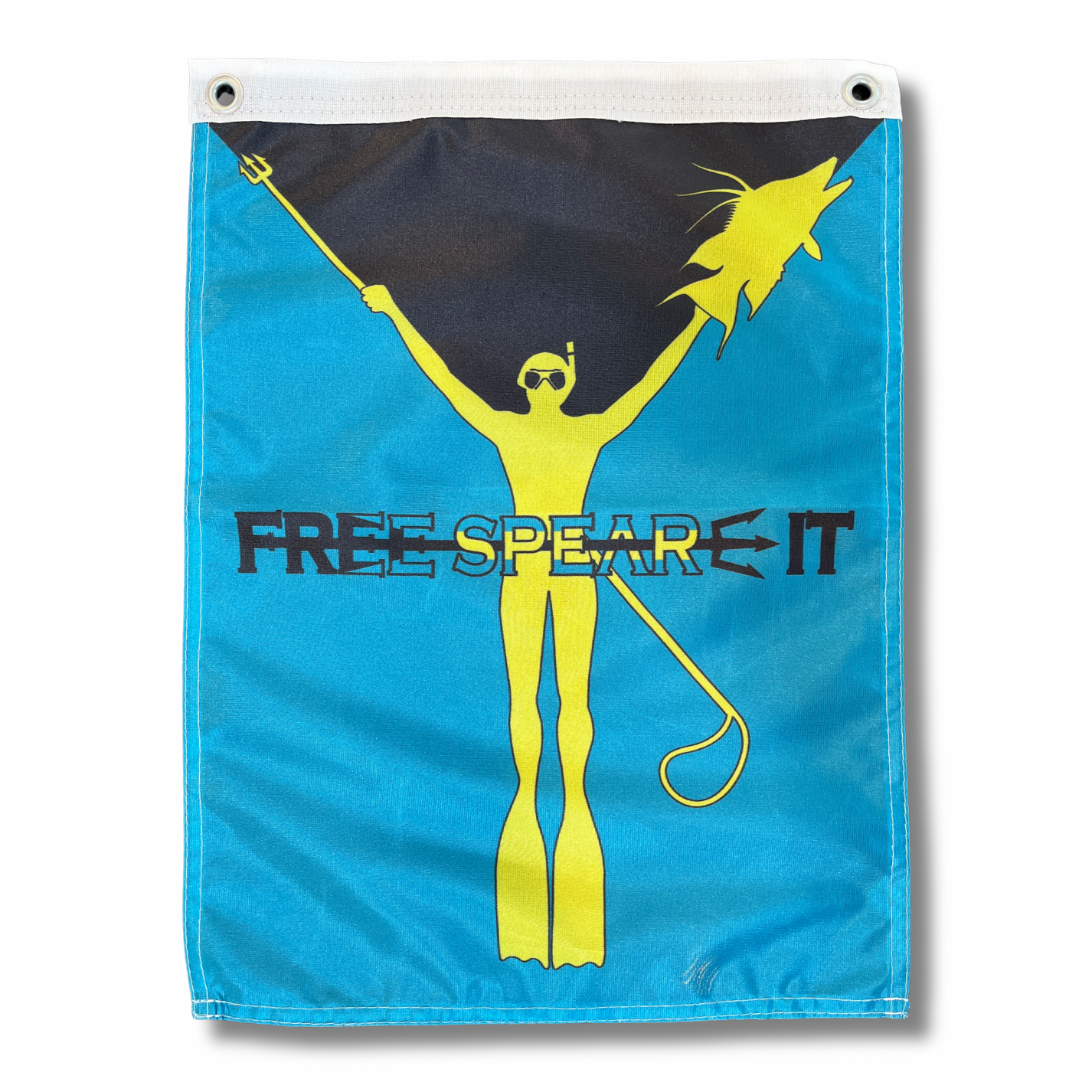 Free Spear-It Bahamas Bounty 12" x 18" Flag featuring a bold graphic of a yellow freediver holding a speargun and a hogfish on a vibrant blue background, with durable aluminum grommets at the top for easy hanging.