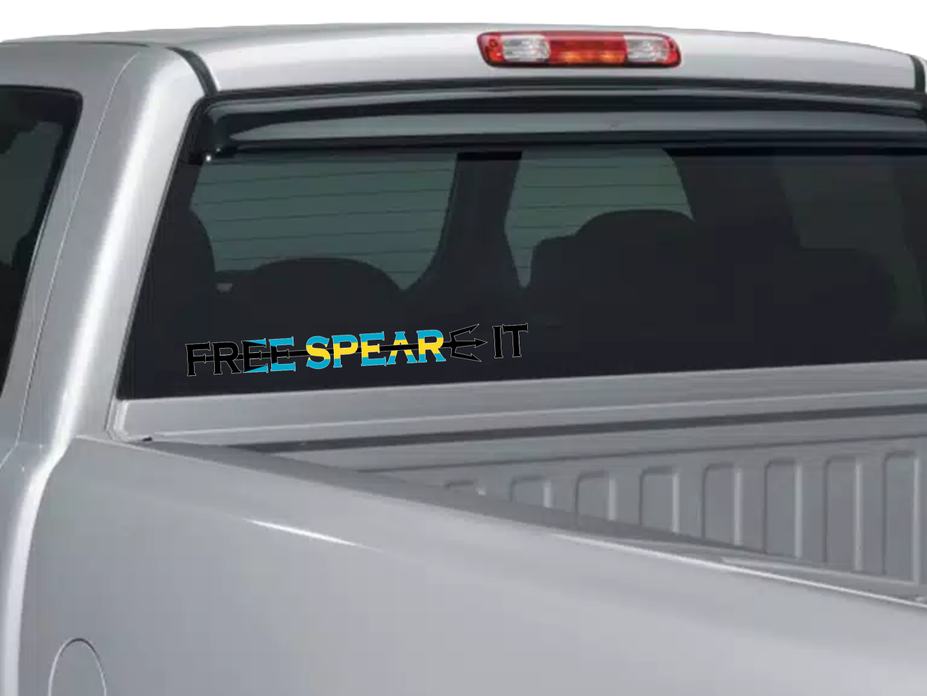 Free Spear-It 16 Inch Decal in the colors of the Bahamian Flag on the rear window of a silver truck