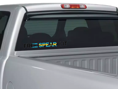 Free Spear-It 16 Inch Decal in the colors of the Bahamian Flag on the rear window of a silver truck