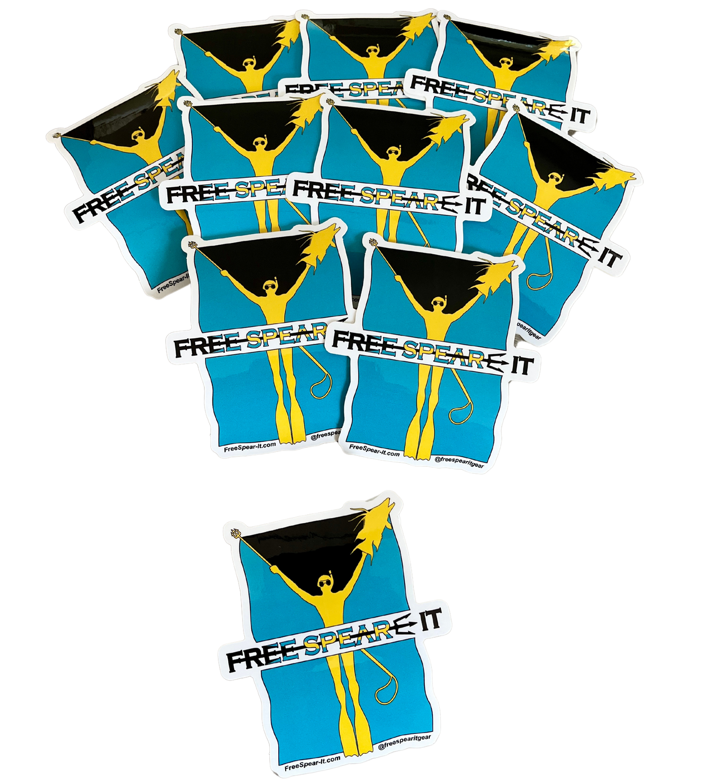 A stack of Free Spear-It Bahamas Bounty 4-Inch stickers, featuring a bold yellow freediver holding a pole spear and a hogfish, set against the iconic black, blue, and yellow Bahamian flag colors.  The website FreeSpear-It.com and social media handle @freespearitgear are printed on the bottom border of the stickers.