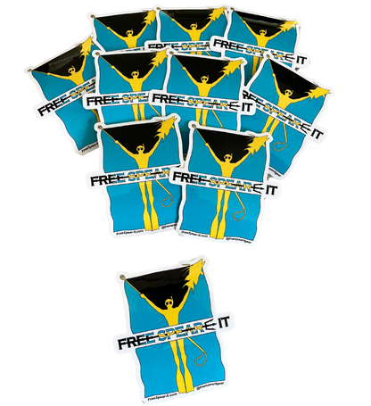 A stack of Free Spear-It Bahamas Bounty 4-Inch stickers, featuring a bold yellow freediver holding a pole spear and a hogfish, set against the iconic black, blue, and yellow Bahamian flag colors.  The website FreeSpear-It.com and social media handle @freespearitgear are printed on the bottom border of the stickers.