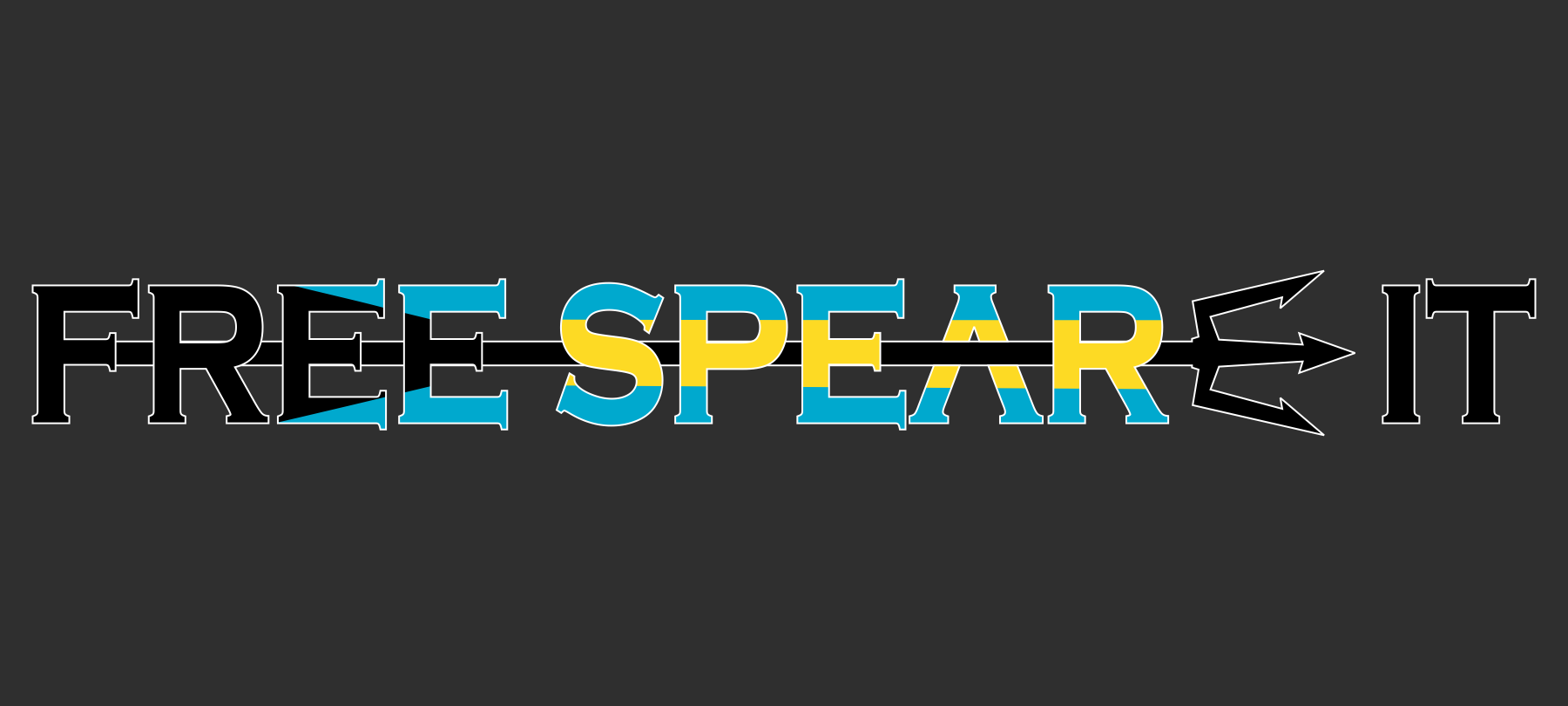 Free Spear-It Bahamas Bounty 16 inch decal featuring the colors of the Bahamian flag in the words Free Spear It with a trident spear running through the logo on a black background.