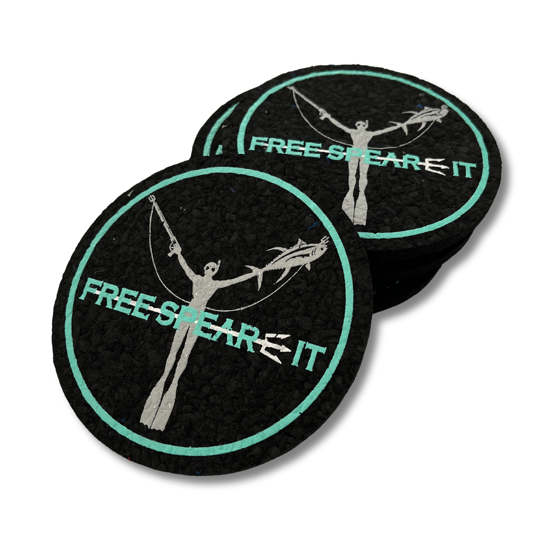 Free Spear-It 5-Inch Eco Coasters, made in the USA from recycled wetsuits by Lava Rubber. These eco-friendly, durable coasters feature a bold spearfishing-inspired design with a freediver holding a speargun and fish. Perfect for sustainable living advocates, these coasters are made using upcycled neoprene to reduce waste and protect the environment. They’re perfect for protecting surfaces while showcasing your love for the freedive spearfishing lifestyle. Ideal for home, boat, or outdoor gatherings.