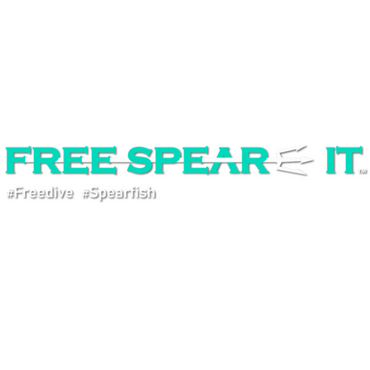 Free Spear-It logo in aqua and white with a trident spear through the words Free Spear-It and  underneath the hashtags #Freedive and #Spearfish.