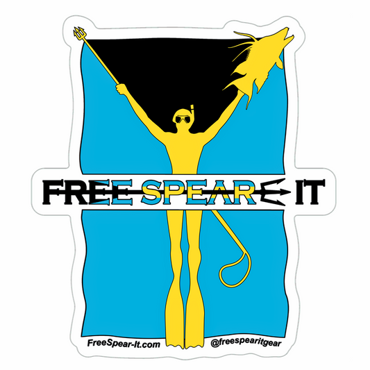 Free Spear-It Bahamas Bounty 4-Inch sticker featuring a bold yellow freediver holding a polespear and a hogfish, set against the iconic black, blue, and yellow Bahamian flag colors.  The website FreeSpear-It.com and social media handle @freespearitgear are printed on the bottom border of the sticker.