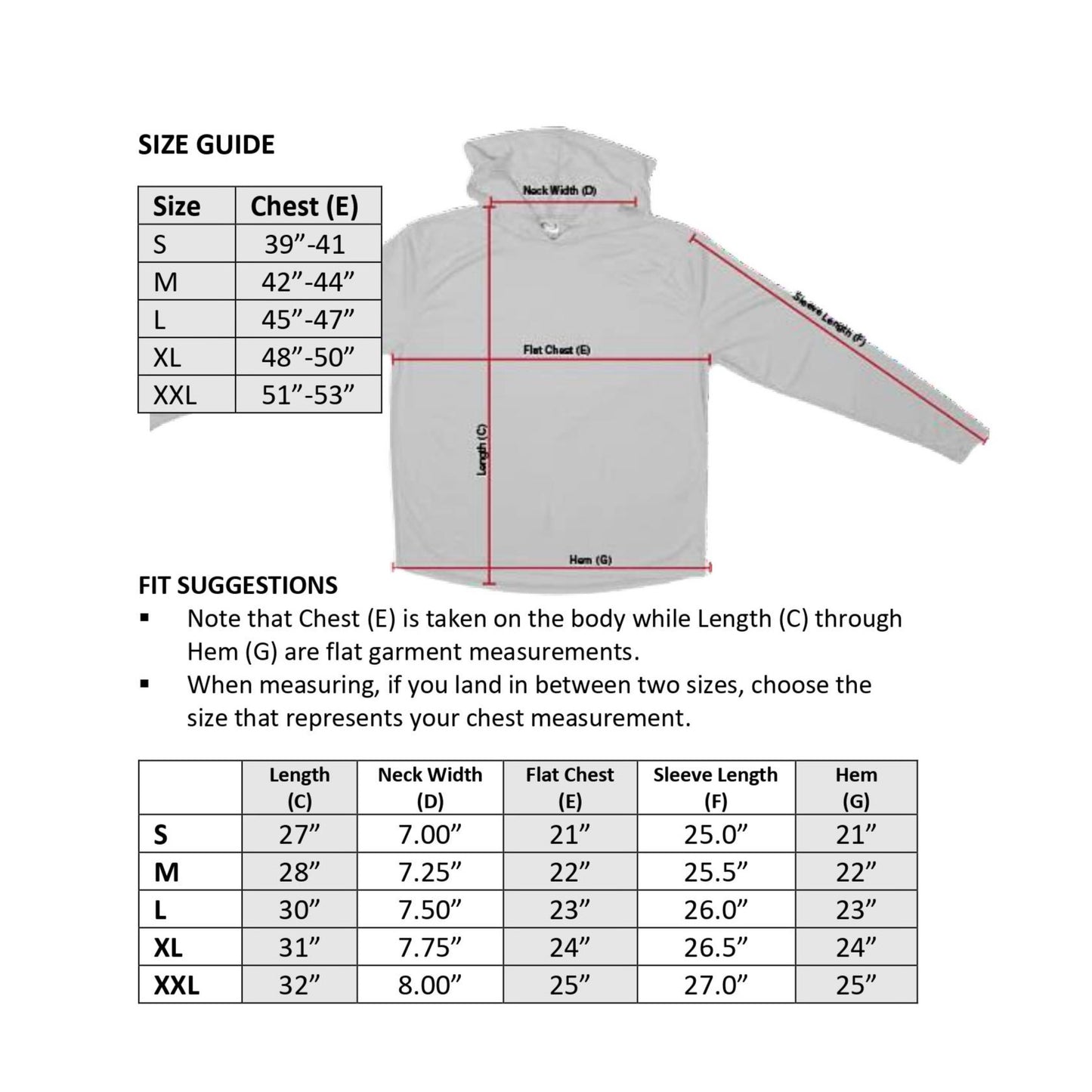 Size guide for the Free Spear-It Bahamas Bounty Long Sleeve UPF 50+ Solar Hoodie. Includes detailed measurements for chest, body length, and sleeve length, ensuring a perfect fit for outdoor enthusiasts.