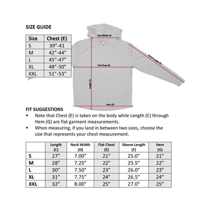 Size guide for the Free Spear-It Bahamas Bounty Long Sleeve UPF 50+ Solar Hoodie. Includes detailed measurements for chest, body length, and sleeve length, ensuring a perfect fit for outdoor enthusiasts.