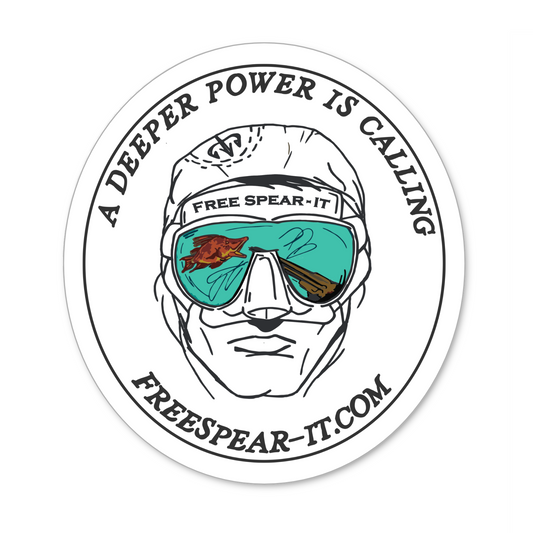 Free Spear-It Deep Reflections 3.5-inch oval sticker featuring a freediver's face with mirrored mask reflecting a speargun and a hogfish, along with the phrase "A Deeper Power Is Calling" and FreeSpear-It.com