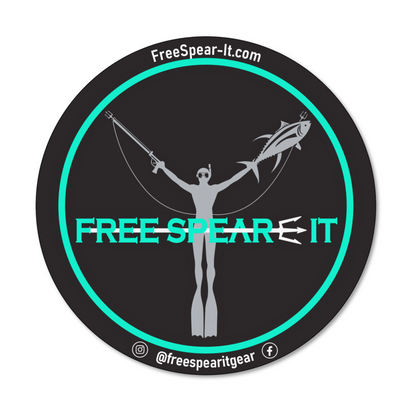 Free Spear-It 4-inch round sticker featuring an aqua and black logo with a freediver holding a speargun and fish. The website FreeSpear-It.com and the social media handle @freespearitgear are printed in the border of the sticker. 
