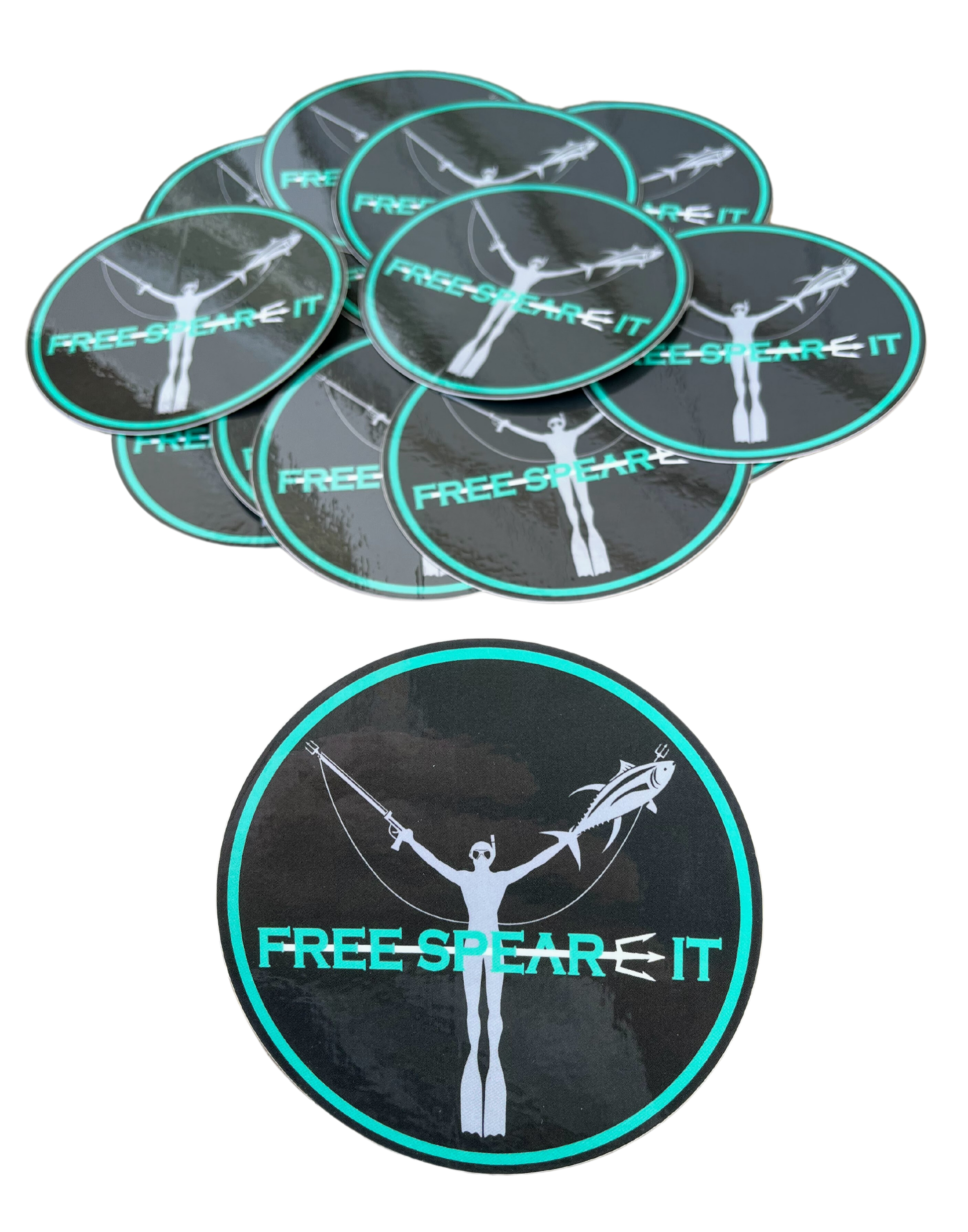 A stack of Free Spear-It round logo stickers featuring an aqua and black design with a freediver holding a speargun and fish. 