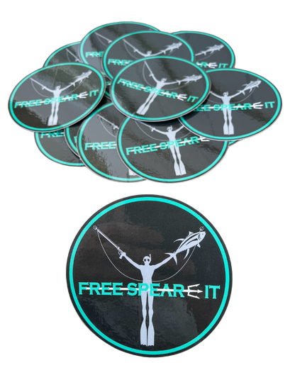 A stack of Free Spear-It round logo stickers featuring an aqua and black design with a freediver holding a speargun and fish. 