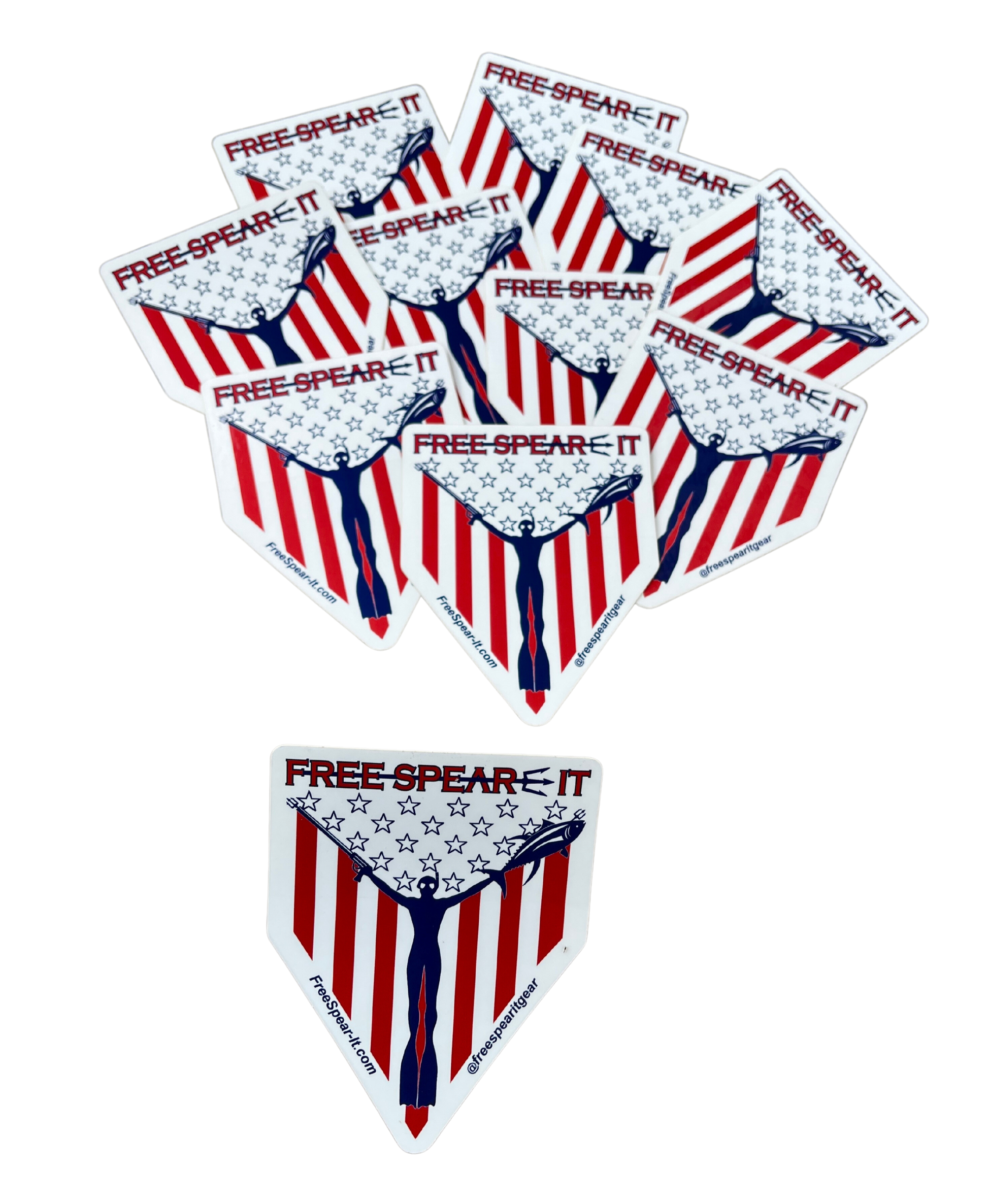 Free Spear-It "Spear-It of Freedom" 4-inch sticker featuring a bold red, white, and blue design with a freediver holding a speargun and fish against an American flag backdrop.  The website FreeSpear-It.com and social media handle @freespearitgear are printed along the bottom border of the sticker.