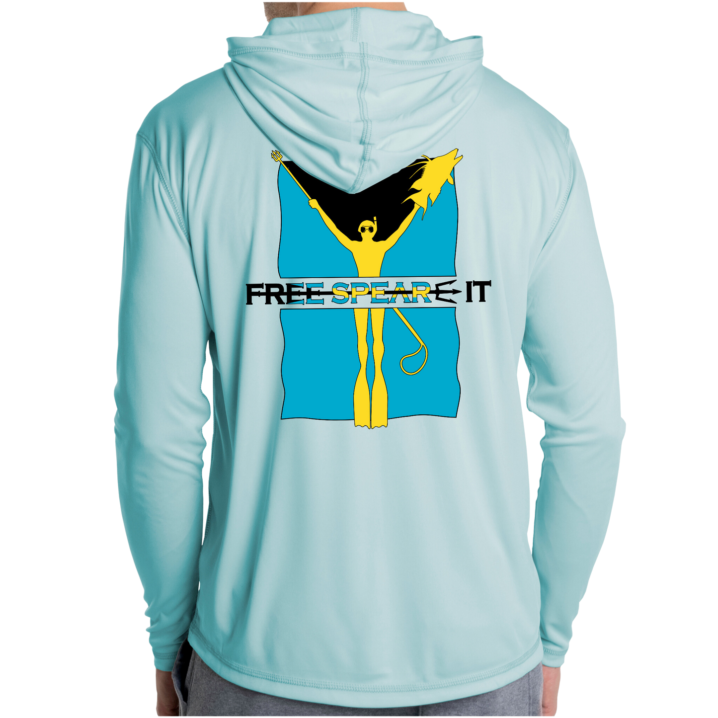 Back view of the Free Spear-It Bahamas Bounty Long Sleeve UPF 50+ Solar Hoodie in light blue, showcasing a bold graphic inspired by the Bahamian flag. The design features a vibrant yellow freediver holding a speared hogfish, framed by a dynamic aqua blue and black Bahamian flag background, with the Free Spear-It logo prominently displayed. This lightweight, sun-protective hoodie is perfect for spearfishing adventures and boating outings. Available now at FreeSpear-It.com.