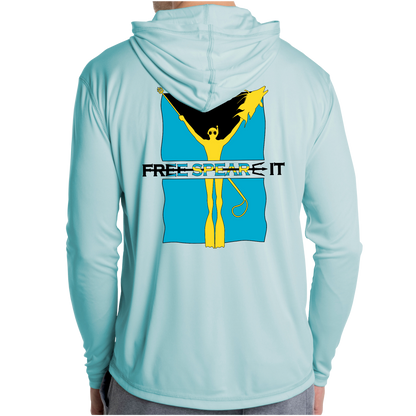 Back view of the Free Spear-It Bahamas Bounty Long Sleeve UPF 50+ Solar Hoodie in light blue, showcasing a bold graphic inspired by the Bahamian flag. The design features a vibrant yellow freediver holding a speared hogfish, framed by a dynamic aqua blue and black Bahamian flag background, with the Free Spear-It logo prominently displayed. This lightweight, sun-protective hoodie is perfect for spearfishing adventures and boating outings. Available now at FreeSpear-It.com.