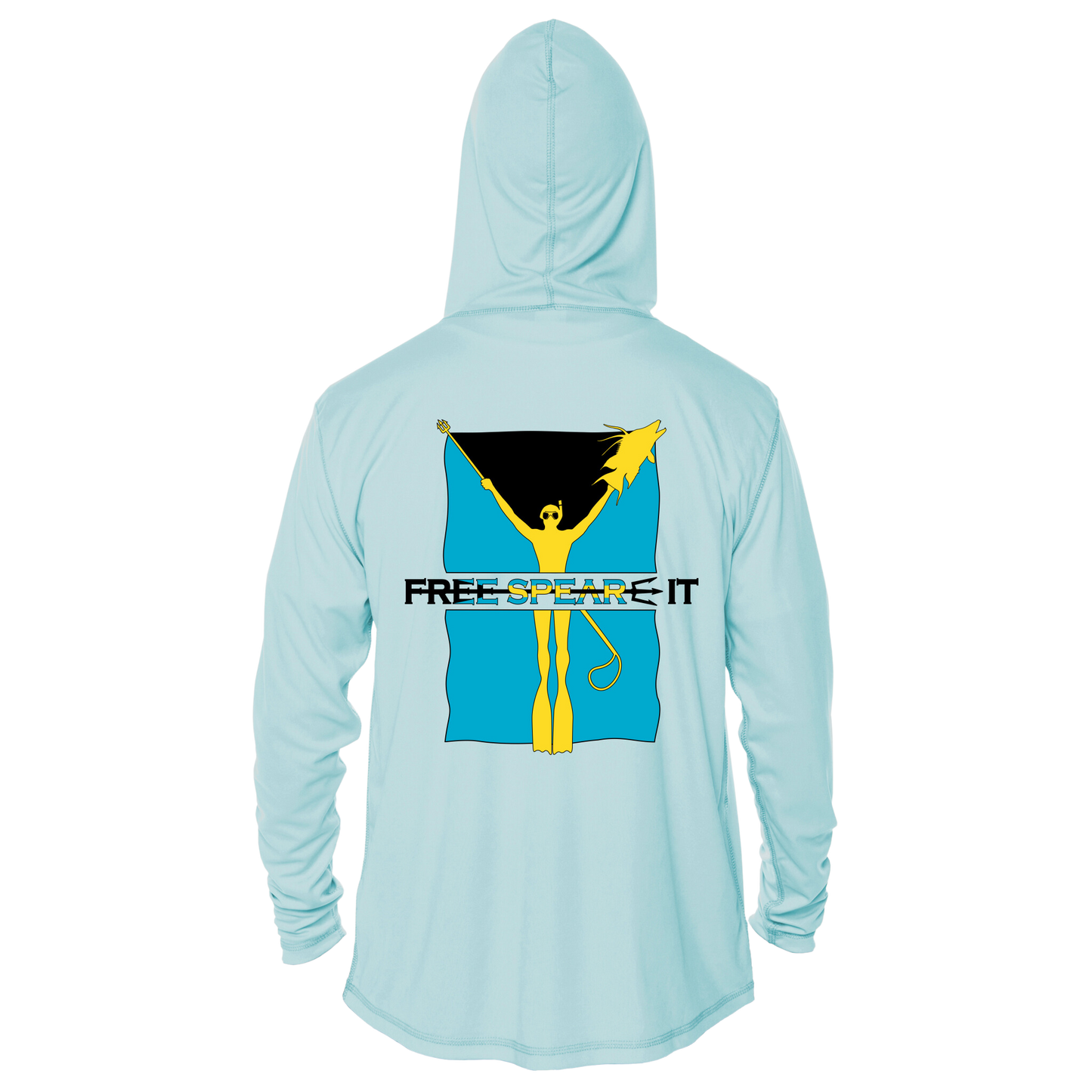 Back view of the Free Spear-It Bahamas Bounty Long Sleeve UPF 50+ Solar Hoodie in light blue, with the hood up, showcasing a bold graphic inspired by the Bahamian flag. The design features a vibrant yellow freediver holding a speared hogfish, framed by a dynamic aqua blue and black Bahamian flag background, with the Free Spear-It logo prominently displayed. This lightweight, sun-protective hoodie is perfect for spearfishing adventures and boating outings. Available now at FreeSpear-It.com.