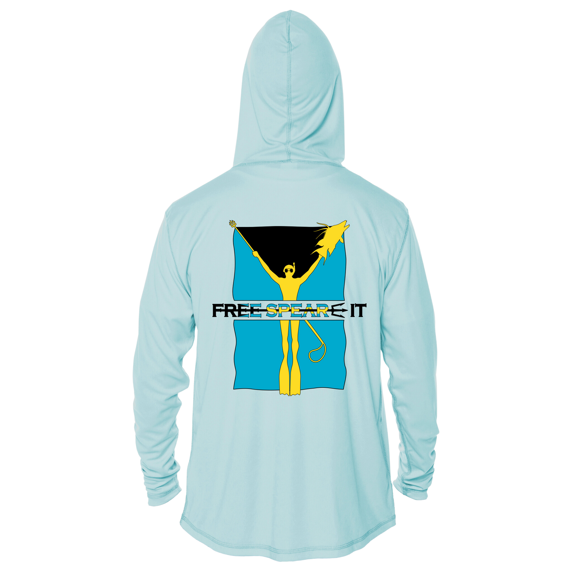 Back view of the Free Spear-It Bahamas Bounty Long Sleeve UPF 50+ Solar Hoodie in light blue, with the hood up, showcasing a bold graphic inspired by the Bahamian flag. The design features a vibrant yellow freediver holding a speared hogfish, framed by a dynamic aqua blue and black Bahamian flag background, with the Free Spear-It logo prominently displayed. This lightweight, sun-protective hoodie is perfect for spearfishing adventures and boating outings. Available now at FreeSpear-It.com.