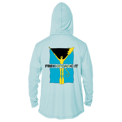 Back view of the Free Spear-It Bahamas Bounty Long Sleeve UPF 50+ Solar Hoodie in light blue, with the hood up, showcasing a bold graphic inspired by the Bahamian flag. The design features a vibrant yellow freediver holding a speared hogfish, framed by a dynamic aqua blue and black Bahamian flag background, with the Free Spear-It logo prominently displayed. This lightweight, sun-protective hoodie is perfect for spearfishing adventures and boating outings. Available now at FreeSpear-It.com.