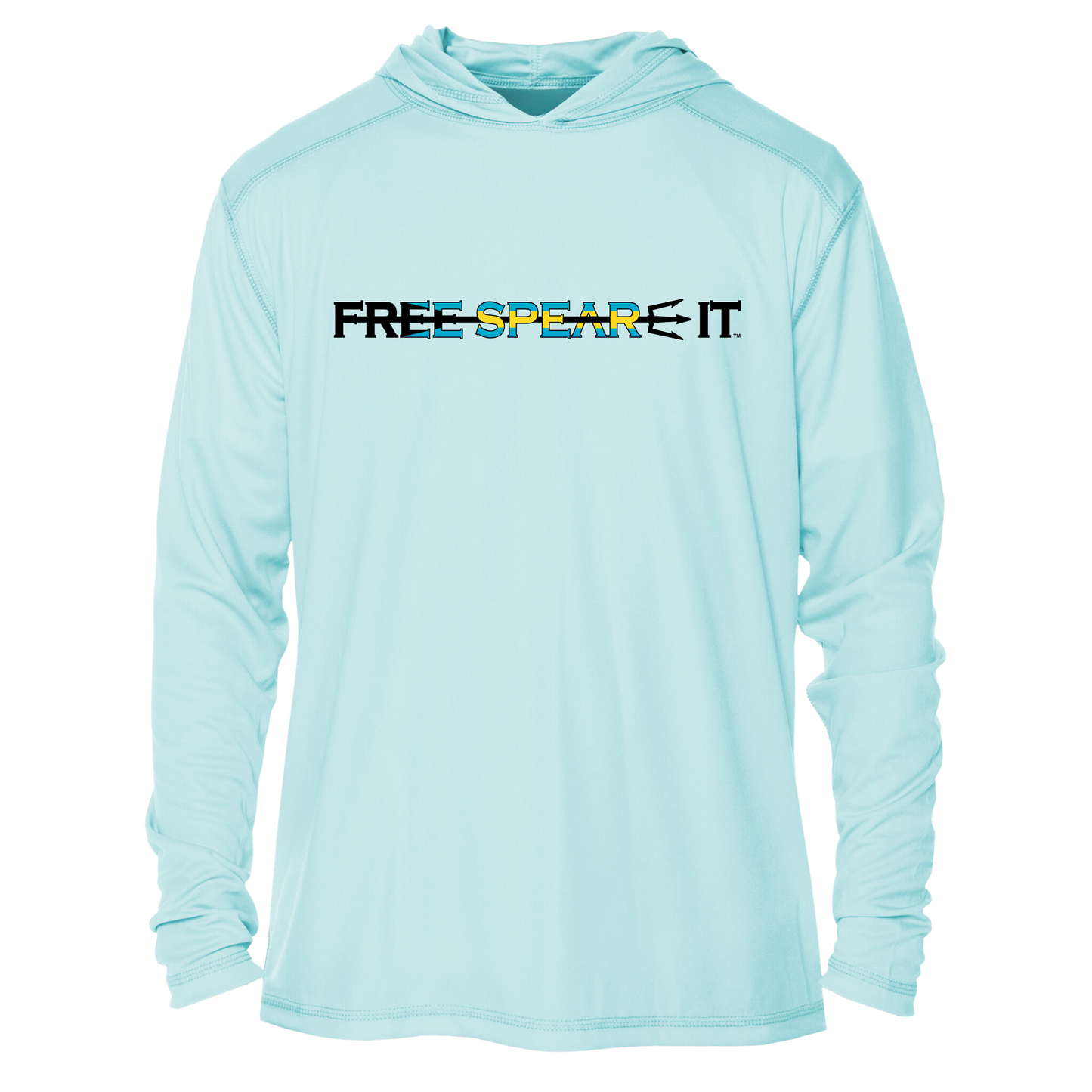 Front view of the Free Spear-It Bahamas Bounty Long Sleeve UPF 50+ Solar Hoodie in light blue, featuring the Free Spear-It logo across the chest with bold lettering in the Bahamian flag colors of aqua blue, black and yellow. This lightweight, sun-protective hoodie combines style and functionality, perfect for spearfishing and outdoor adventures. Available now at FreeSpear-It.com.