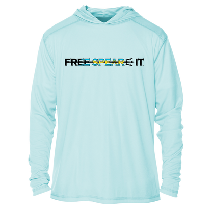 Front view of the Free Spear-It Bahamas Bounty Long Sleeve UPF 50+ Solar Hoodie in light blue, featuring the Free Spear-It logo across the chest with bold lettering in the Bahamian flag colors of aqua blue, black and yellow. This lightweight, sun-protective hoodie combines style and functionality, perfect for spearfishing and outdoor adventures. Available now at FreeSpear-It.com.