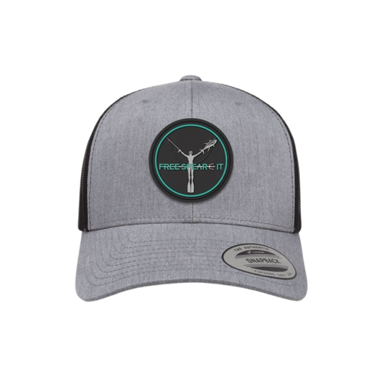 Free Spear-It Richardson Trucker Hat with a durable PVC rubber logo patch featuring a freediver design. This classic five-panel hat offers a smooth twill front, breathable mesh back, and adjustable snapback closure. Perfect for spearfishing trips, outdoor adventures, and everyday wear. 