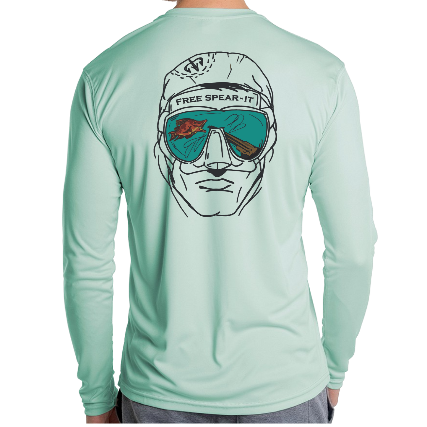 Rear view of the Free Spear-It Deep Reflections Long Sleeve UPF 50+ Solar Performance Shirt in seagrass green, featuring a unique design of a freediver spearfisherman’s face with mirrored goggles reflecting a speargun and hogfish. This lightweight, sun-protective shirt is perfect for spearfishing enthusiasts who value comfort and style during their adventures. Available now at FreeSpear-It.com.