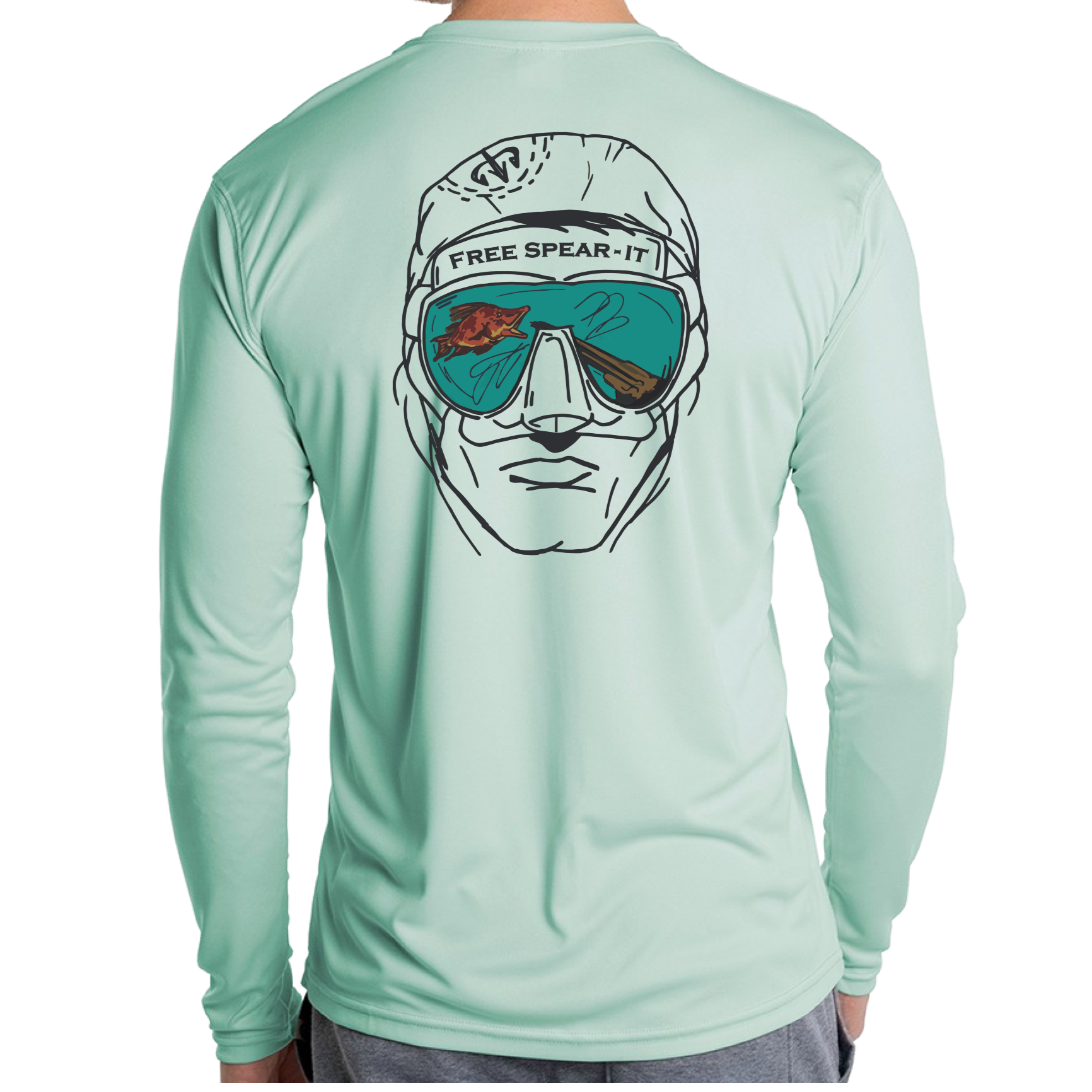 Rear view of the Free Spear-It Deep Reflections Long Sleeve UPF 50+ Solar Performance Shirt in seagrass green, featuring a unique design of a freediver spearfisherman’s face with mirrored goggles reflecting a speargun and hogfish. This lightweight, sun-protective shirt is perfect for spearfishing enthusiasts who value comfort and style during their adventures. Available now at FreeSpear-It.com.