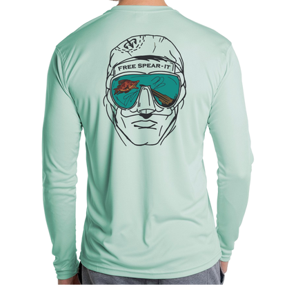 Rear view of the Free Spear-It Deep Reflections Long Sleeve UPF 50+ Solar Performance Shirt in seagrass green, featuring a unique design of a freediver spearfisherman’s face with mirrored goggles reflecting a speargun and hogfish. This lightweight, sun-protective shirt is perfect for spearfishing enthusiasts who value comfort and style during their adventures. Available now at FreeSpear-It.com.