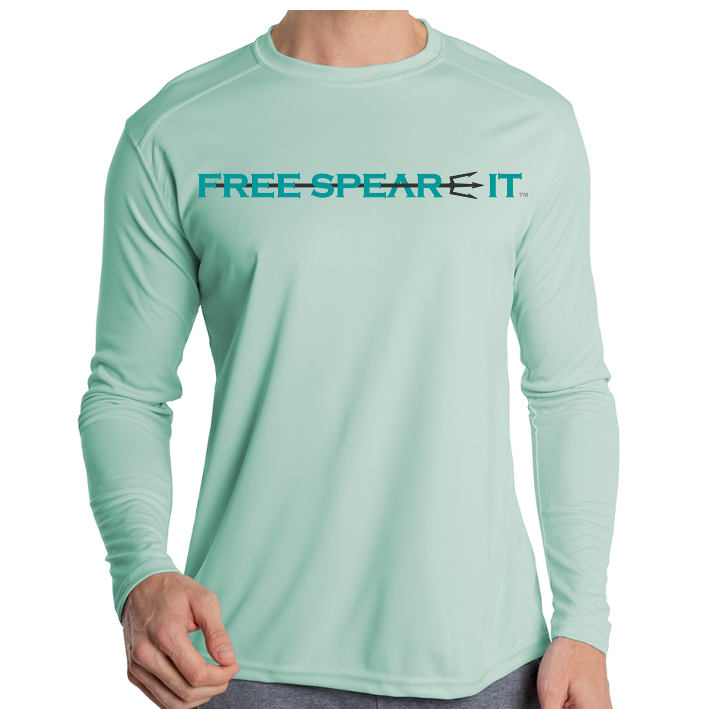 Front view of the Free Spear-It Deep Reflections Long Sleeve UPF 50+ Solar Performance Shirt in a seagrass color, featuring the sleek Free Spear-It logo across the chest. This lightweight, moisture-wicking shirt provides maximum sun protection and is perfect for spearfishing and outdoor adventures. Available now at FreeSpear-It.com.