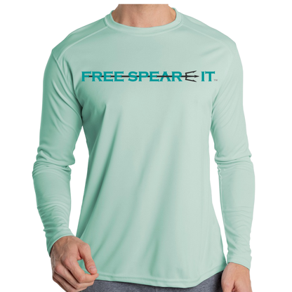 Front view of the Free Spear-It Deep Reflections Long Sleeve UPF 50+ Solar Performance Shirt in a seagrass color, featuring the sleek Free Spear-It logo across the chest. This lightweight, moisture-wicking shirt provides maximum sun protection and is perfect for spearfishing and outdoor adventures. Available now at FreeSpear-It.com.