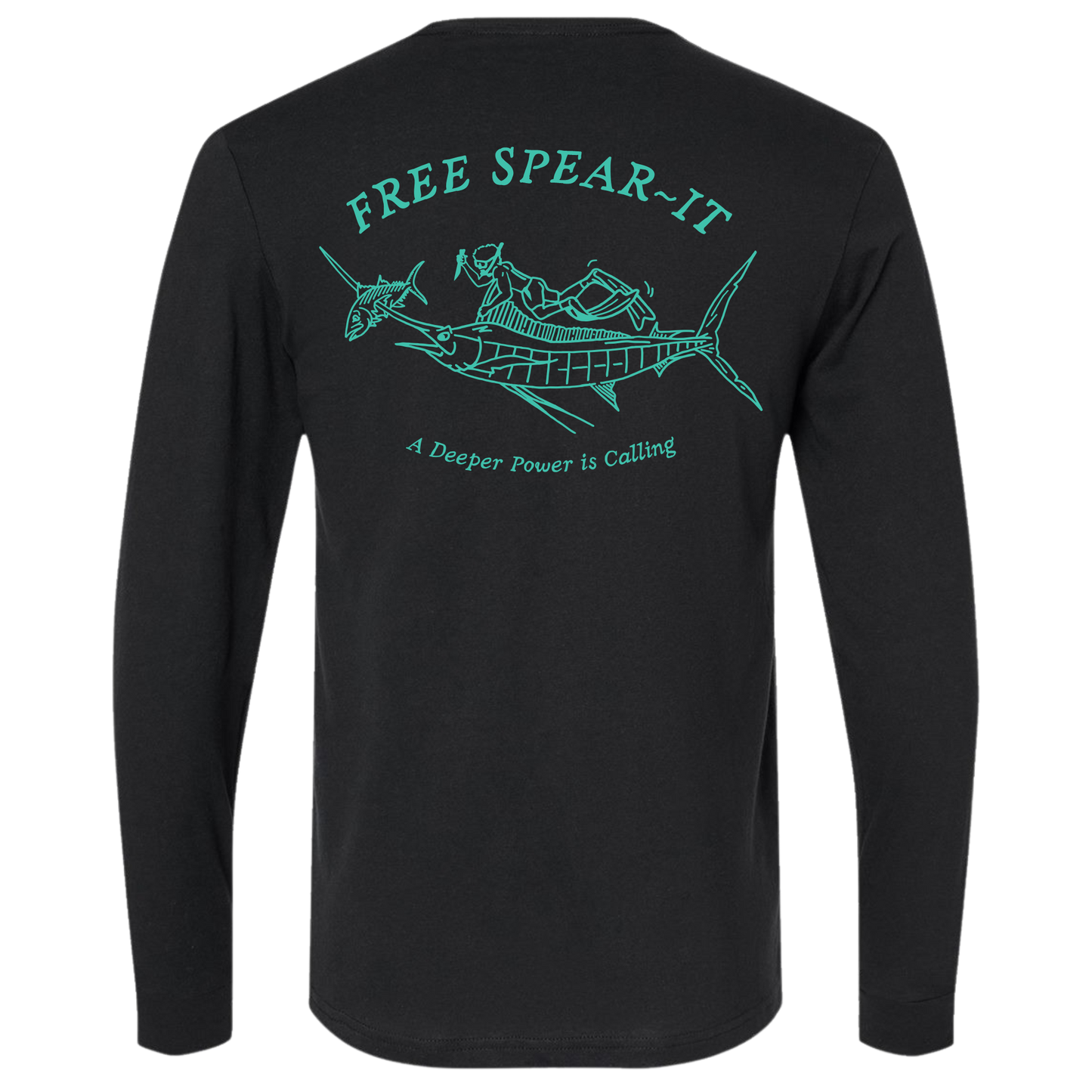 Back view of the Free Spear-It Marlin Mayhem Long Sleeve T-Shirt in black, featuring a detailed graphic in aqua of a freediver swimming with a marlin that has speared a fish on its bill.  The design includes the words Free Spear-It and the slogan "A Deeper Power is Calling." 
