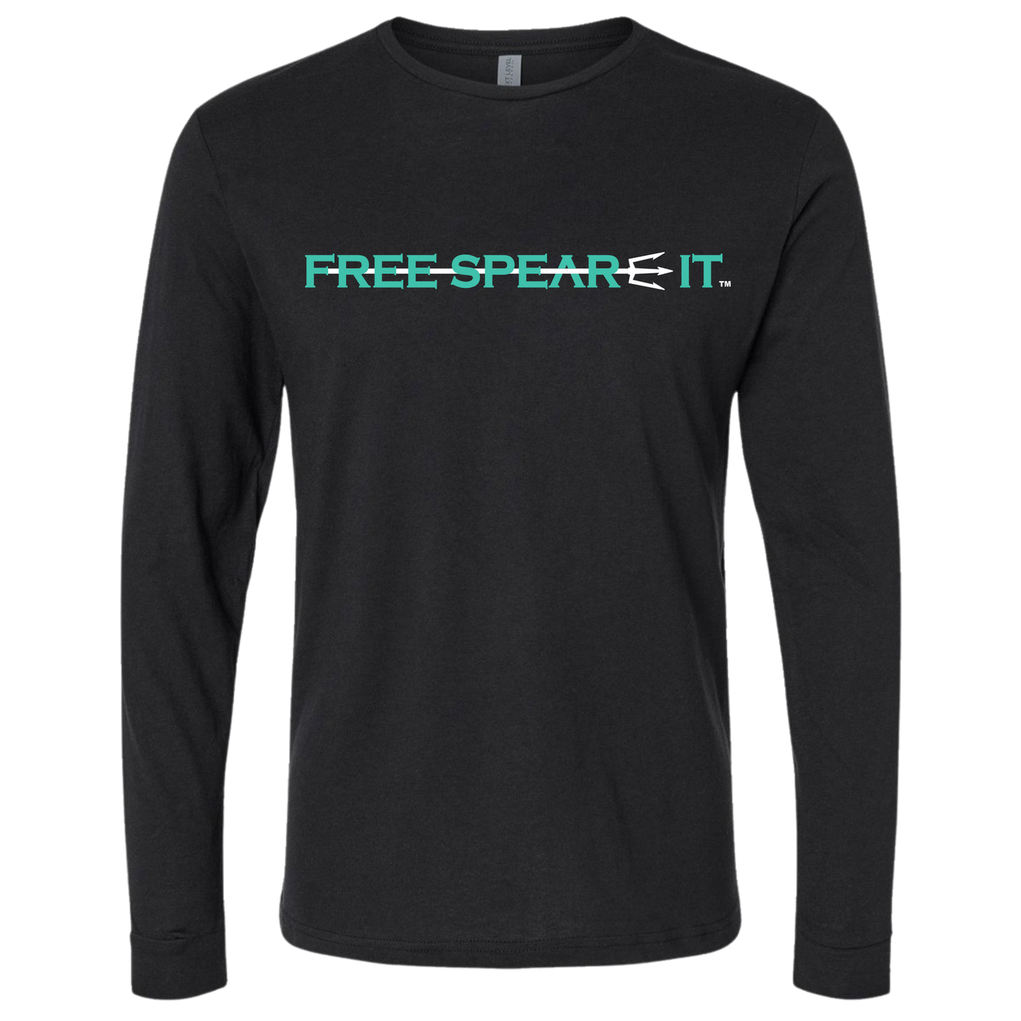 Front view of the Free Spear-It Marlin Mayhem Long Sleeve T-Shirt in black, showcasing the bold Free Spear-It logo on the chest. The logo is in aqua and white, with a trident spear through the words Free Spear-It.