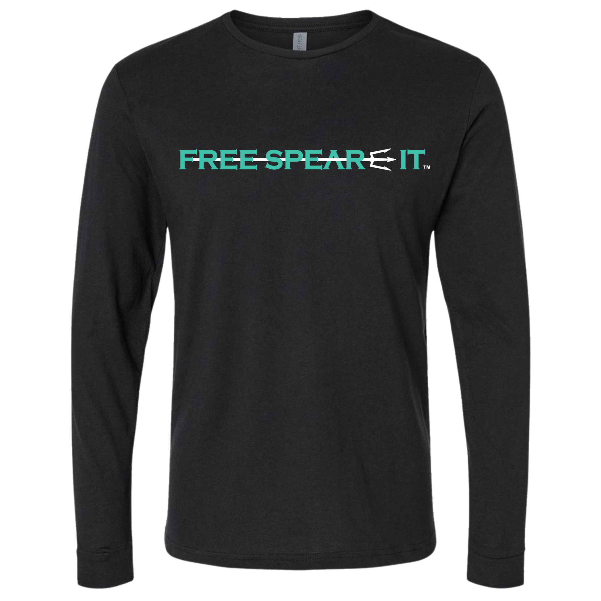 Front view of the Free Spear-It Marlin Mayhem Long Sleeve T-Shirt in black, showcasing the bold Free Spear-It logo on the chest. The logo is in aqua and white, with a trident spear through the words Free Spear-It.