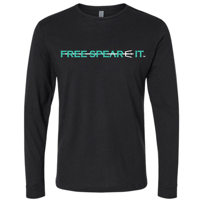 Front view of the Free Spear-It Marlin Mayhem Long Sleeve T-Shirt in black, showcasing the bold Free Spear-It logo on the chest. The logo is in aqua and white, with a trident spear through the words Free Spear-It.