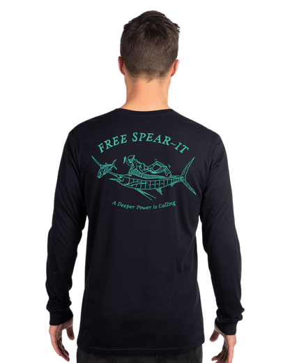 Back view of a male model wearing the Free Spear-It Marlin Mayhem Long Sleeve T-Shirt in black, featuring a detailed graphic in aqua of a freediver swimming with a marlin that has speared a fish on its bill.  The design includes the words Free Spear-It and the slogan "A Deeper Power is Calling." 