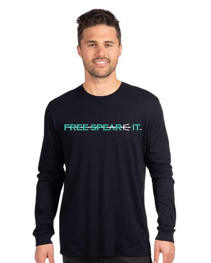 Front view of a male model wearing the Free Spear-It Marlin Mayhem Long Sleeve T-Shirt in black, showcasing the bold Free Spear-It logo on the chest. The logo is in aqua and white, with a trident spear through the words Free Spear-It.